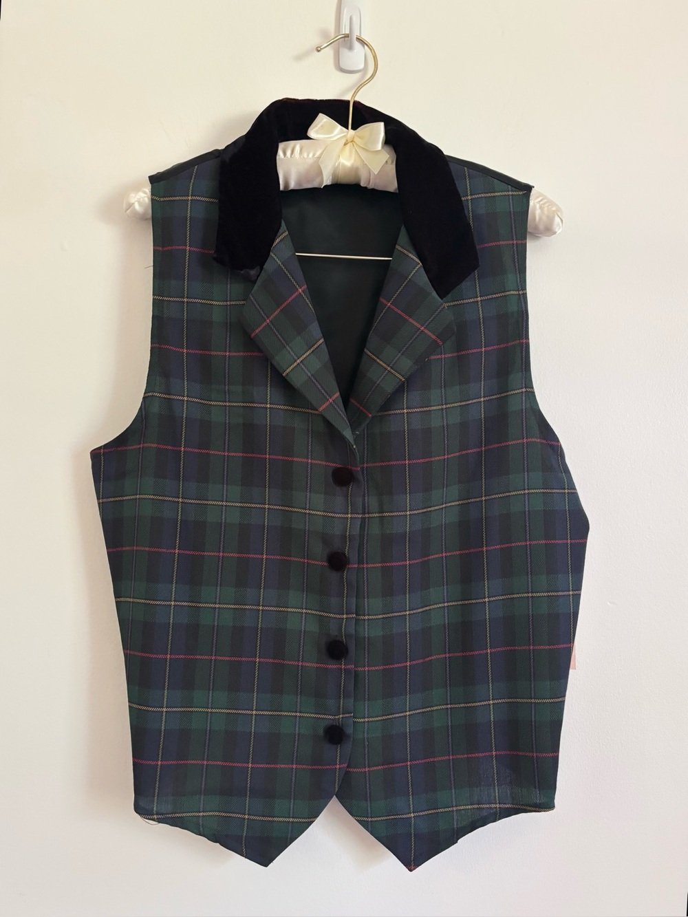 Vintage Barrie Stephen’s Plaid Blazer Vest Black Velvet Collar NWT